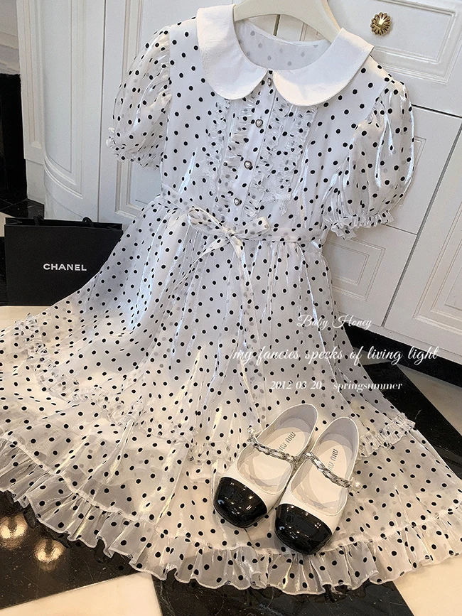 

Японские облегающие милые милые платья на шнуровке с высокой талией для девочек, оригинальное кружевное платье с кукольным воротником в горошек и короткими рукавами