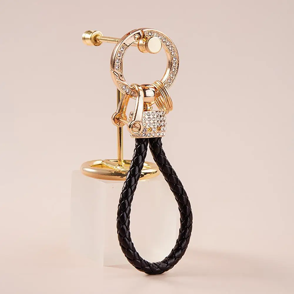 1pc Handcrafted Braided Rope Keychain Sparkling Rhinestones - Stylish Monochrome Car Key Ring Fashion-Forward Accessory