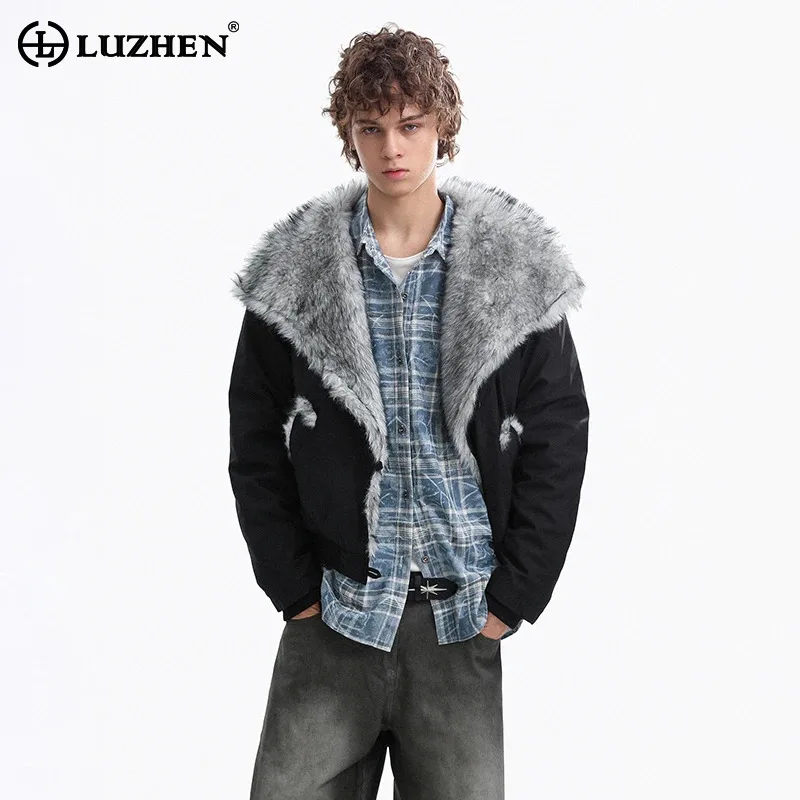 LUZHEN Chaqueta Parka de Invierno 2026 con Forro Cálido, Chaqueta de Piel Sintética Gruesa y Elegante para Hombre, Ropa de Moda con Solapa Cruzada JY9166
