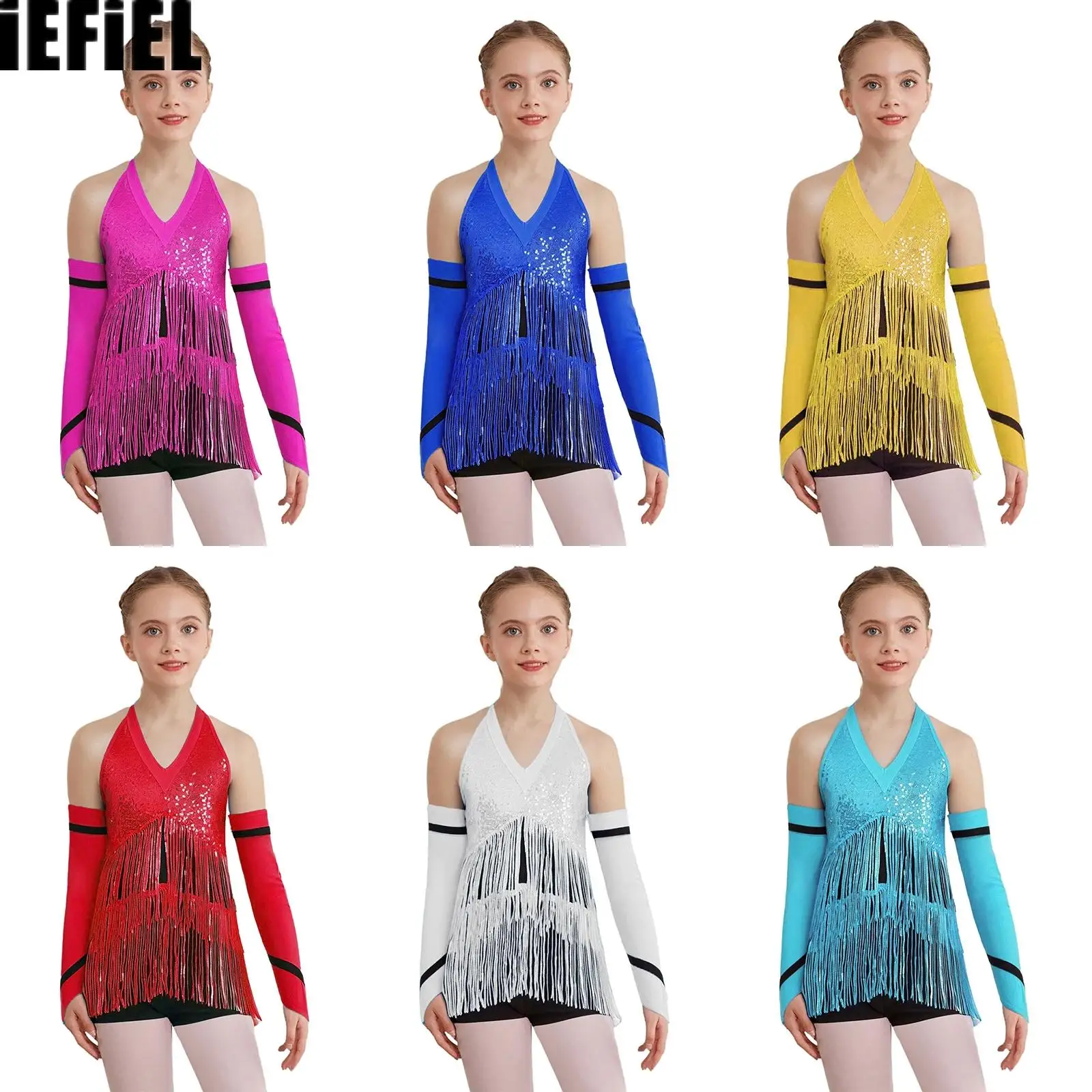 

Детский танцевальный купальник для девочек с лямкой на шее, без рукавов, с ремешками на спине, блестящие блестки, цветной купальник с перчатками для латинского джаза