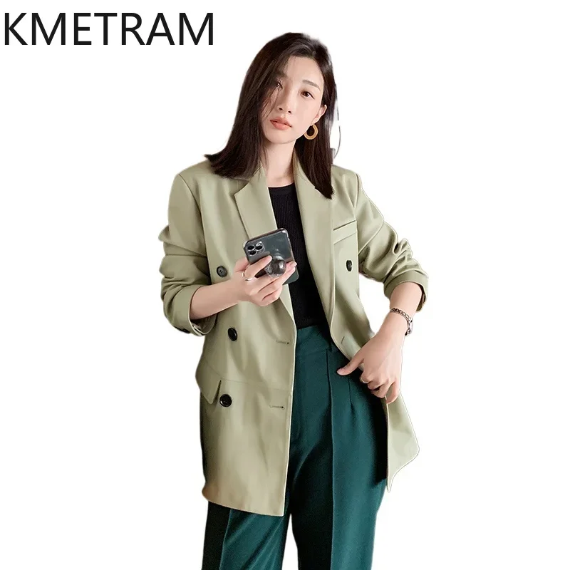 Real Sheepskin Leather Jacket Women Autumn Green Suit Jackets High Quality Outerwears Womans Clothing дубленка женская 2024