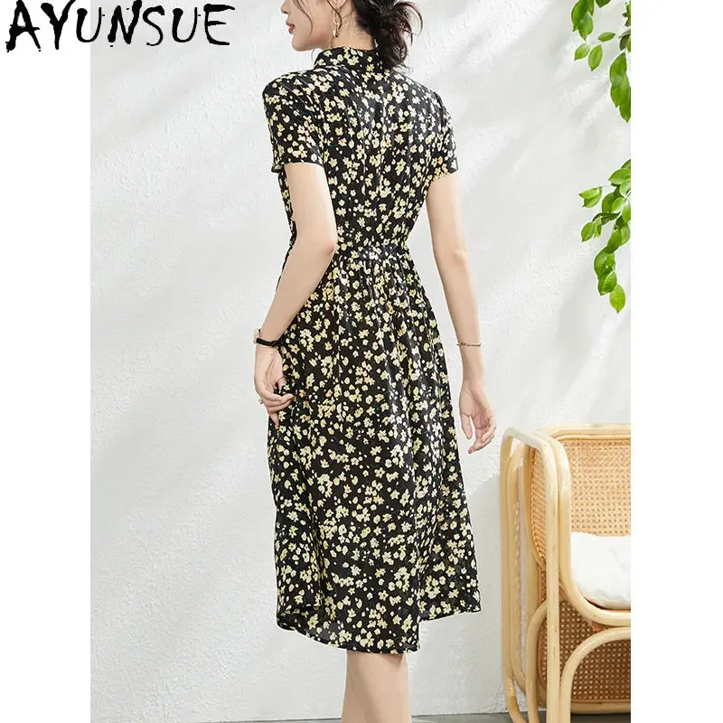 Elegant Dresses For Women 2024 Black Slim Dress Summer 100% Mulberry Silk Clothing Female New Print Women's Clothing Vestidos LM