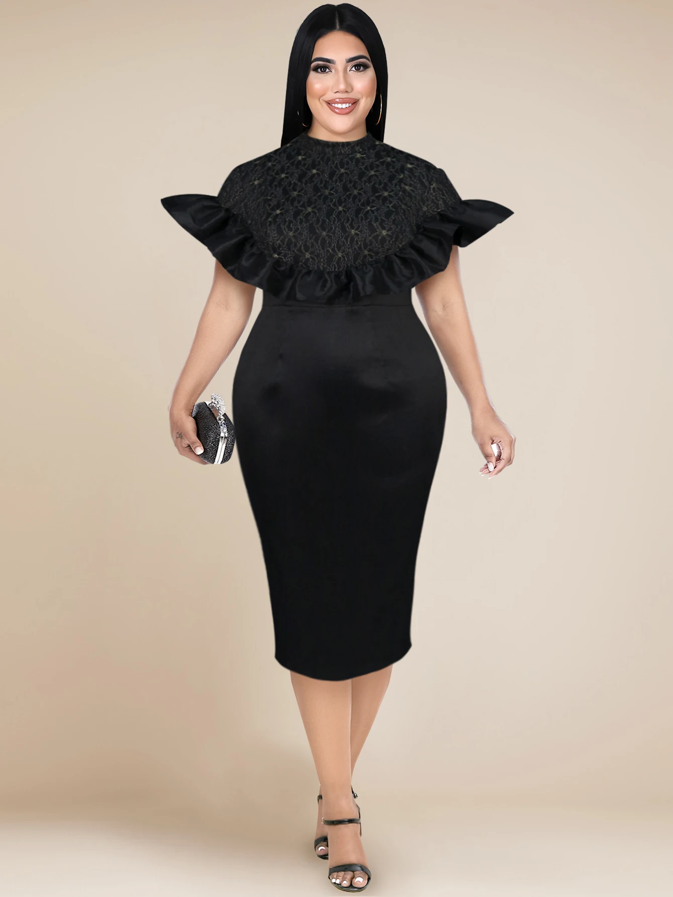 

Women Black Vintage Lace Patchwork Party Dress Cape Sleeve Slim Fit Split Pencil Dresses Evening Party Midi Gowns Plus Size 4XL