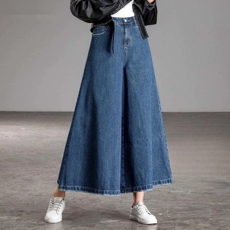 

Women High Waist Wide Leg Washed Denim Culottes for Spring Autumn Slimming Versatile Casual Pants Ideal Tall Women