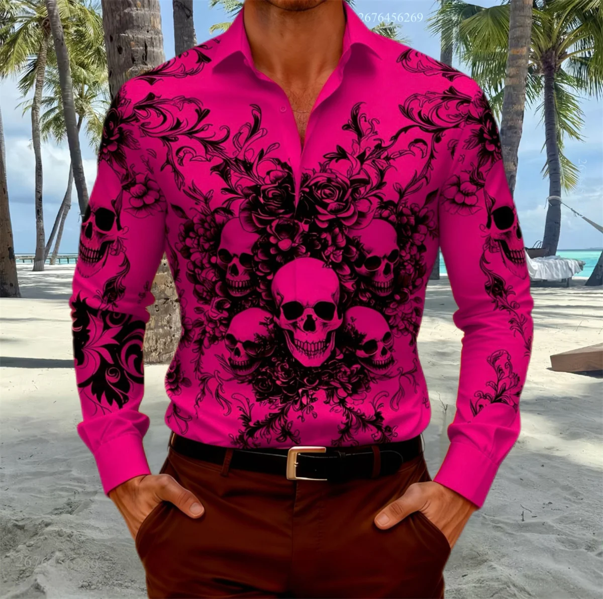 15-цветная мужская рубашка с длинными рукавами и принтом черепа и крыла летучей мыши для вечеринок и повседневной одежды: изысканный череп и орнаментный узор