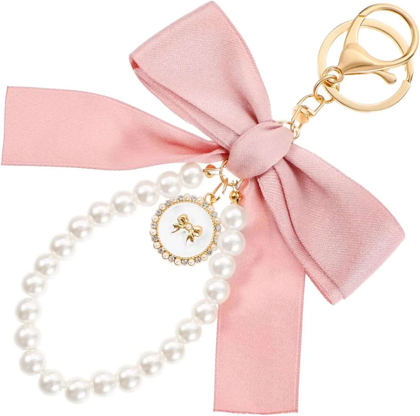 1 PCS Pearl Bow Keychain Pink Bow Purse Charm Pearl Cute for Women Small Bows Wristlet Keyring for Car Keys Women Purse Backpack Charm Handbag Car Accessories