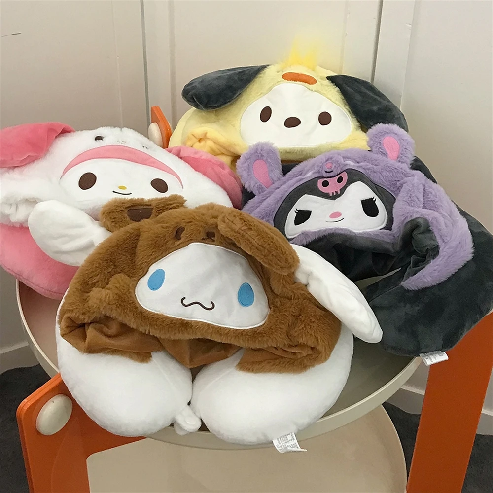 Lovely Sanrio U-shaped Neck Pillow With Hat Kuromi My Melody Pochacco Cinnamoroll Travel Pillow Hooded Japanese Style Gifts