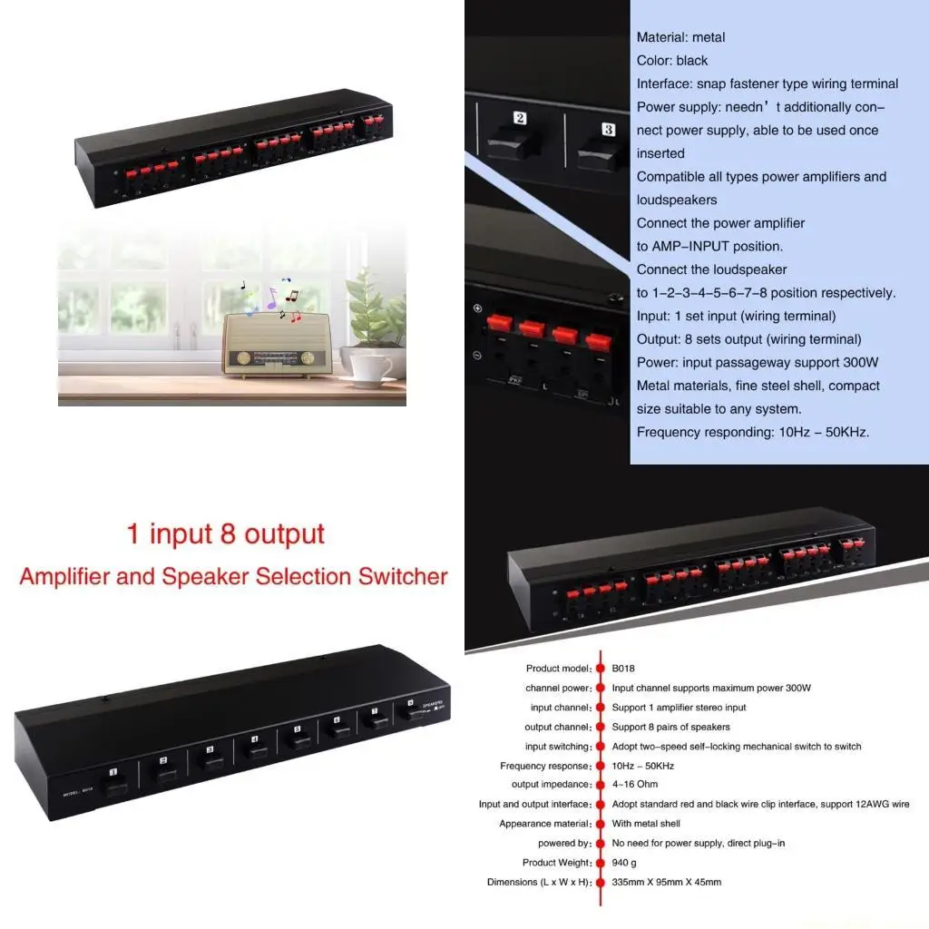

F62C 1 Input 8 Output Sound Selector Amplifiers Speaker Switcher Box 10Hz-50KHz Sound Switching Distributor 4-16Ω