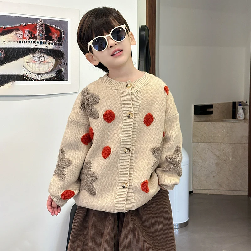 

Модный винтажный свитер для мальчиков, мягкий трикотаж, весенне-осенний свитер с круглым вырезом и звездами для девочек, вязаный свитшот с узором, детская одежда