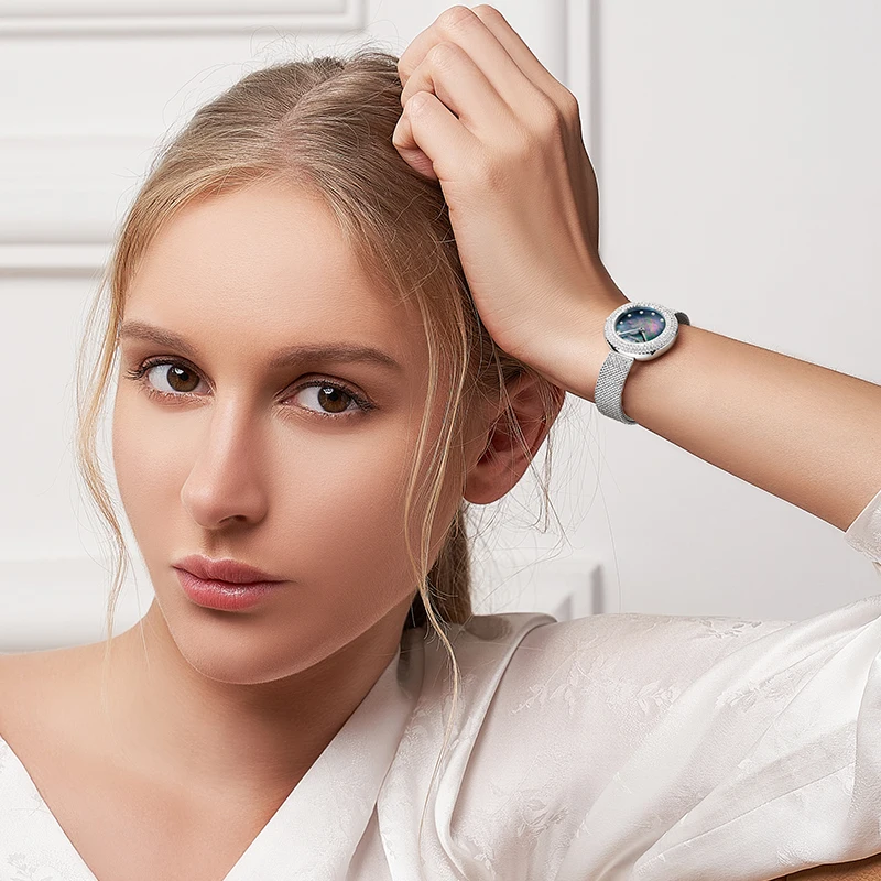 Luxury Round Diamond Quartz Blue Woman Watches Mesh Strap Female Mesh Strap