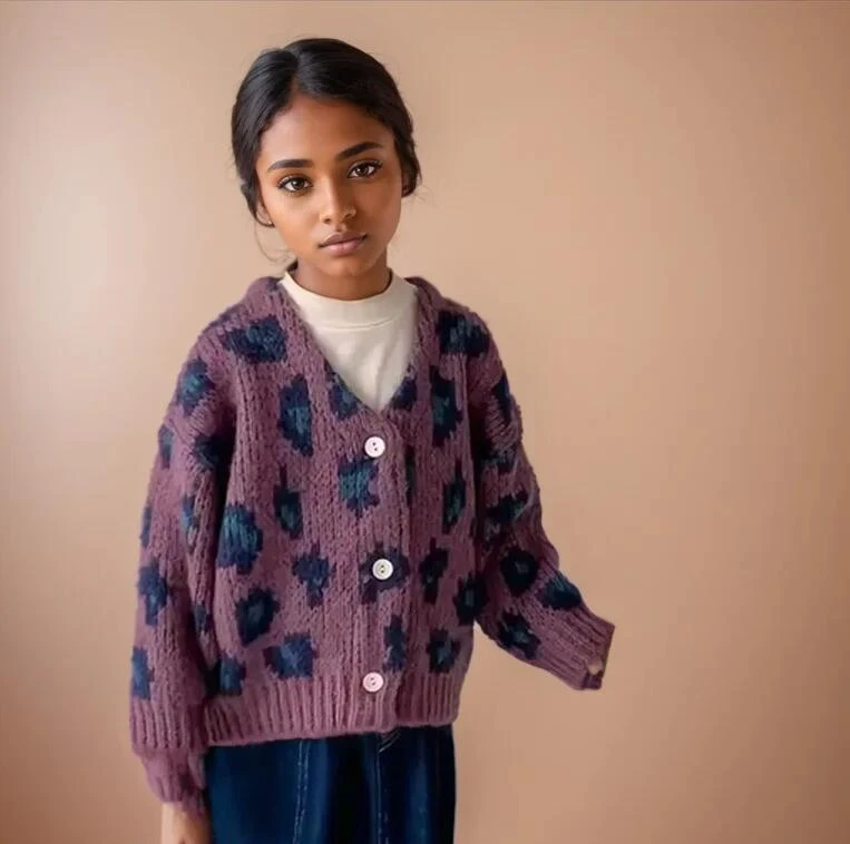 

2025 Autumn Childrens Leopard Knit Cardigan Coat Kids Girl V-neck Single Breasted Loose Casual Knitwear Boys Casual Knit Sweater