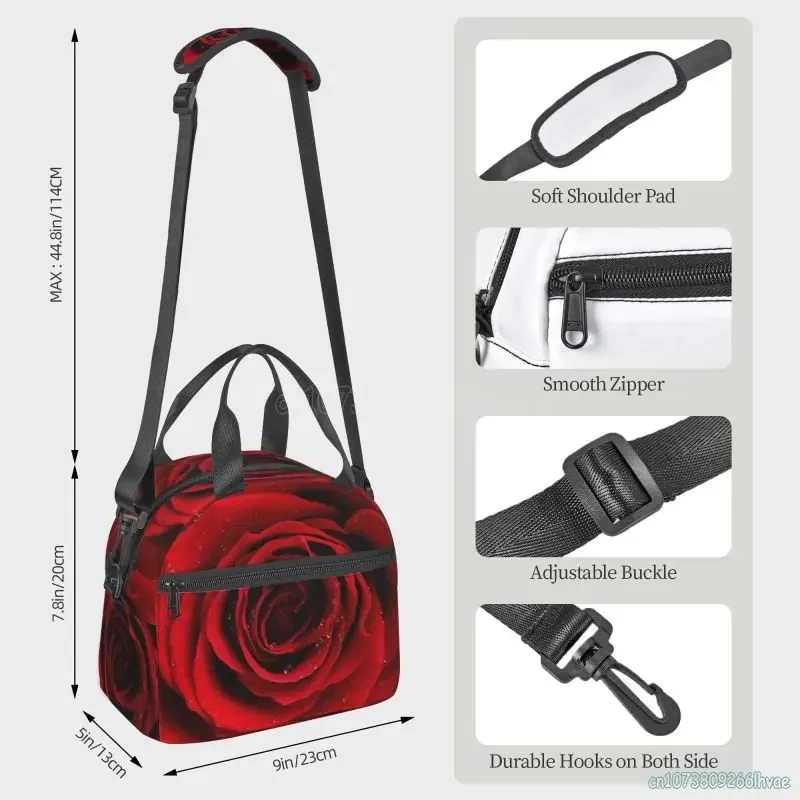 Red Rose Flowers with Raindrop Insulated Lunch Bag Cooler Thermal Bento Tote Bags for Work Travel Picnic Valentine\'s Day Gifts