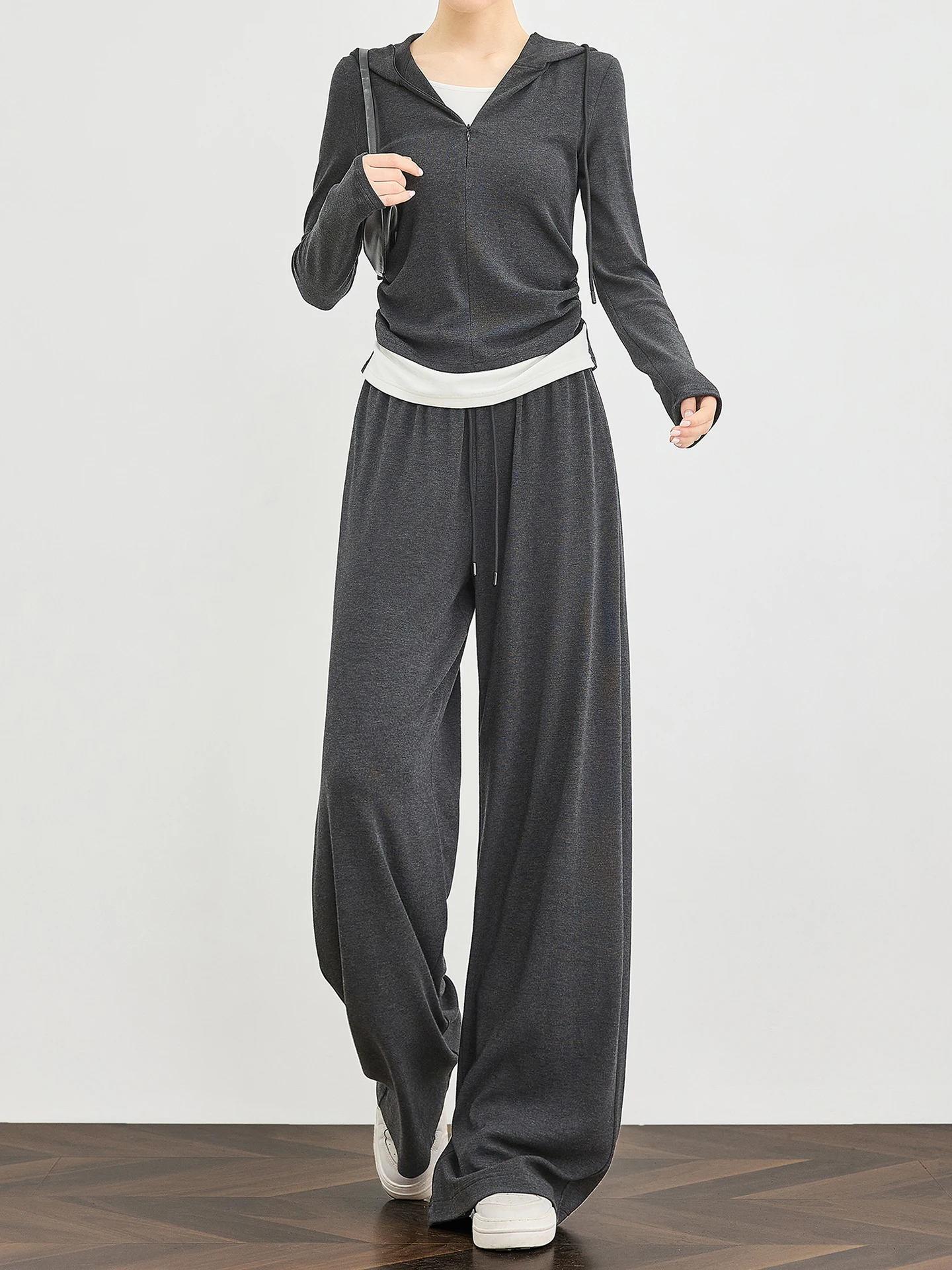 

TUMPUS Grey Draped Knitted Wide Leg Pants Women's Casual Sports Trousers High Waist Straight Tube Pants Comfortable Fit