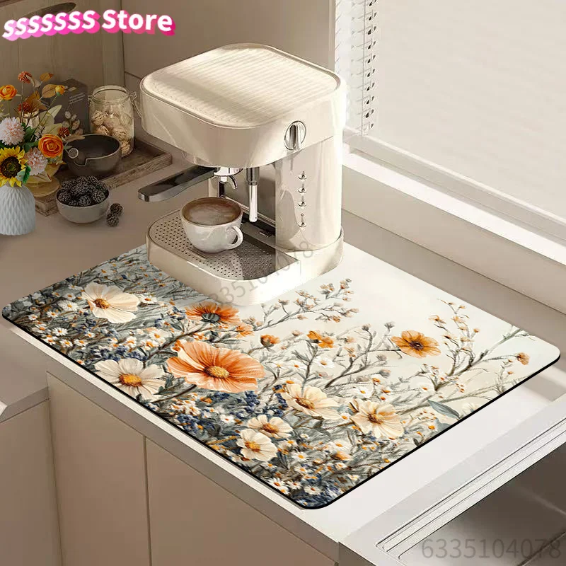 Cutlery Drying Mat, Spring And Summer Floral Theme Draining Mat, High-End Coffee Machine Mat, Kitchen Dining Table Additions, S
