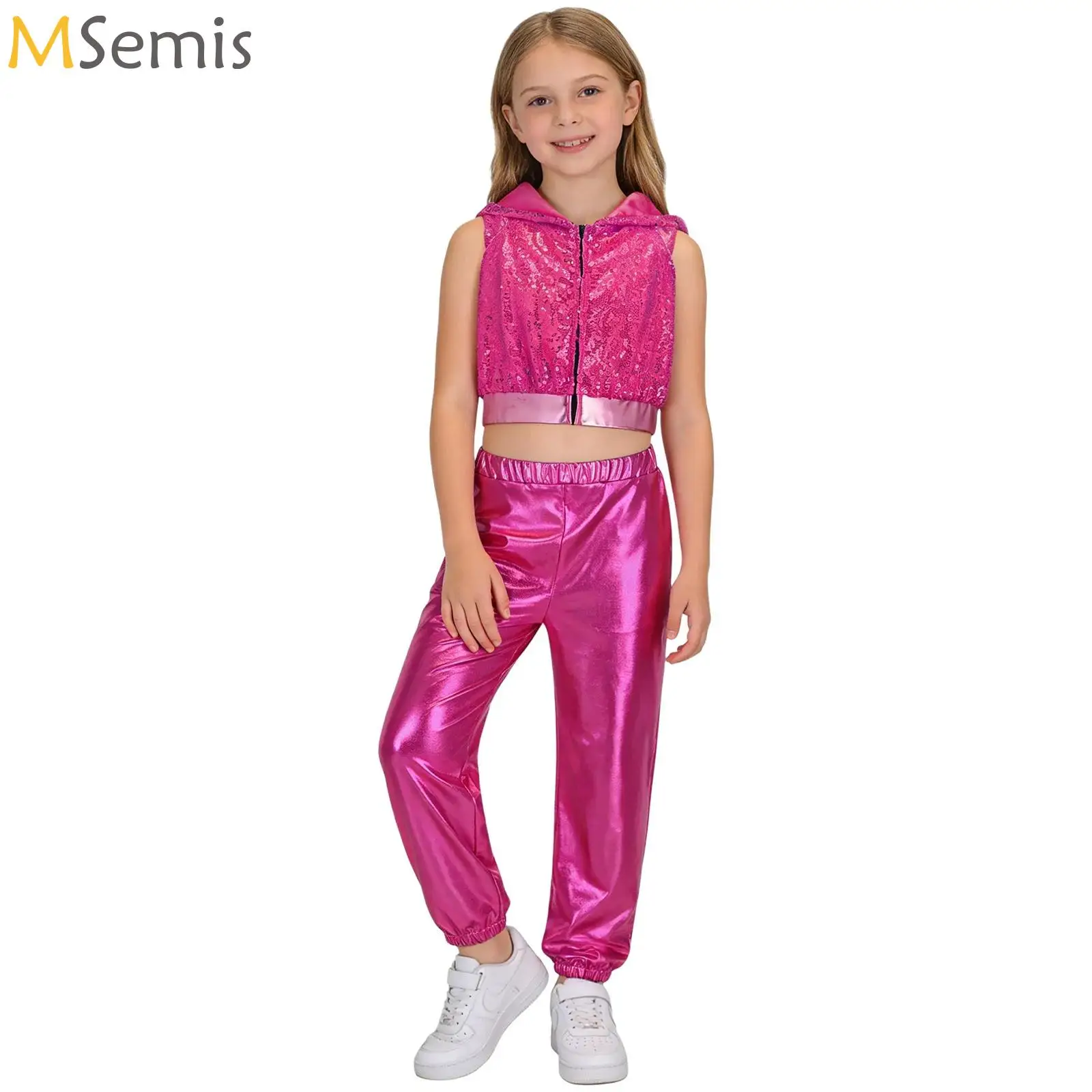 

Kids Girls Sports Outfits Jazz Hip Hop Street Dance Costume Shiny Metallic Long Sleeves Bomber Jacket Coat with Pants Tracksuit