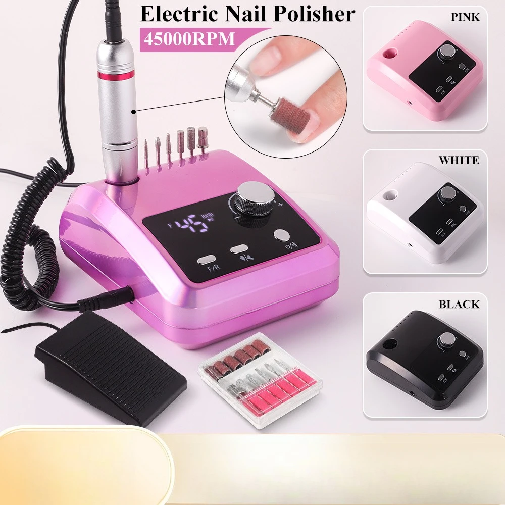 45000RPM Electric Nail Drill, Cordless Rechargeable Manicure Polisher with LCD Display for Acrylic/Gel Nail Removal