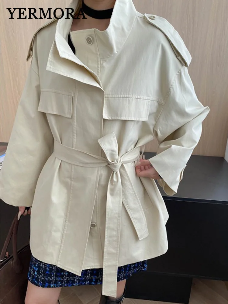 

YERMORA бежевый повседневный женский плащ на пуговицах с поясом, свободная новая ветровка с лацканами и длинными рукавами, модная весна-осень 2025
