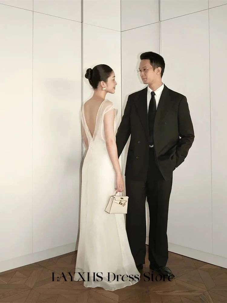 LAYXHS-vestidos de Noche elegantes con cuello redondo, Organza, sin mangas, sirena, botón, largo hasta el suelo, vestidos de novia personalizados