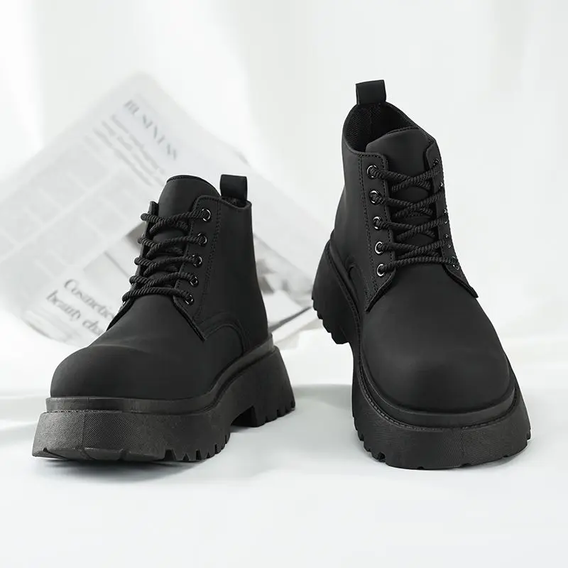 

Весенне-осенние модные байкерские тактические рабочие ботинки, универсальная мужская обувь на толстой платформе, увеличивающая рост, прочная мужская обувь с высоким берцем на шнуровке