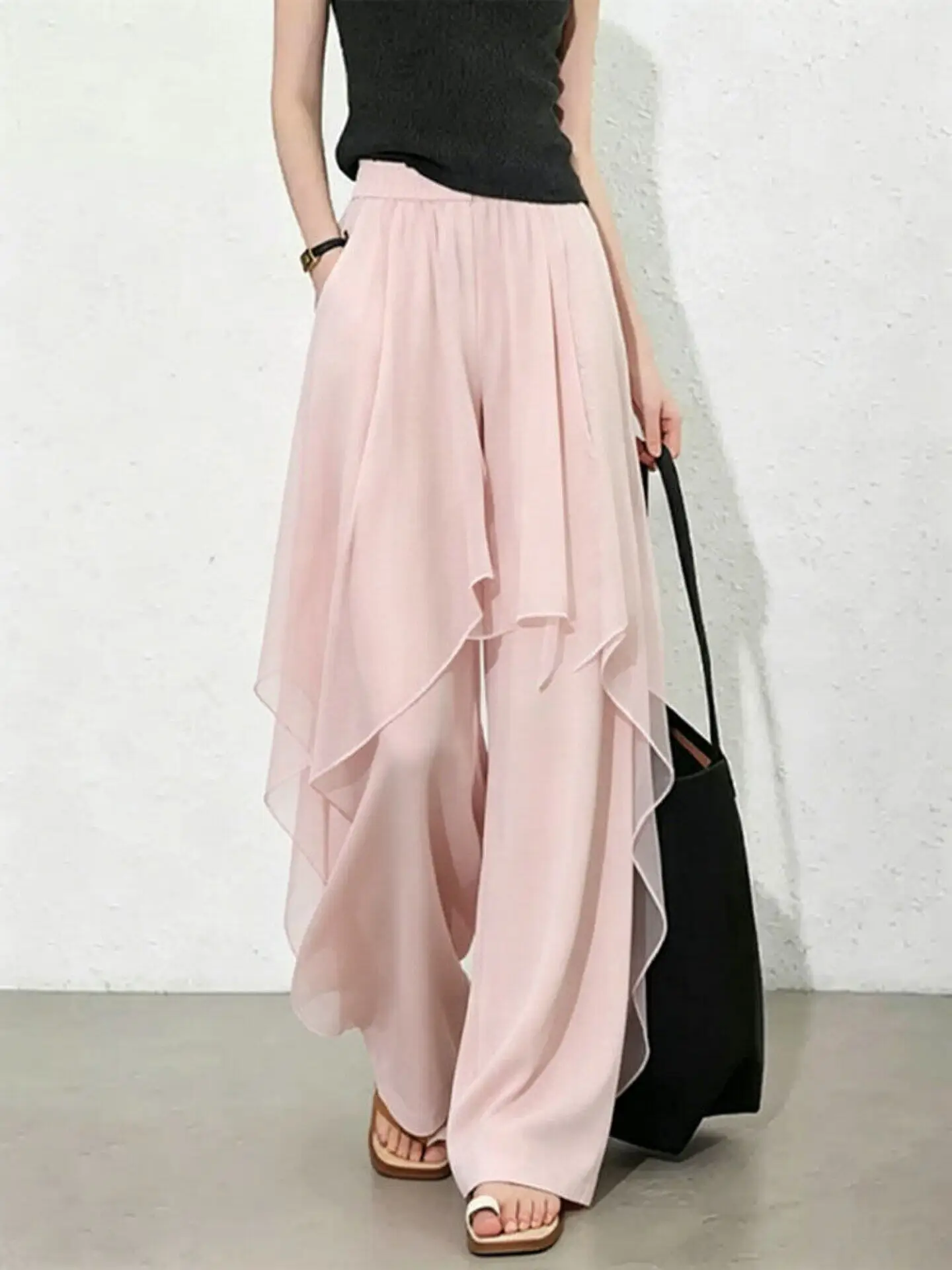 Mesh Spliced Wide Leg Pants For Women's Summer New High Waist Casual Pant