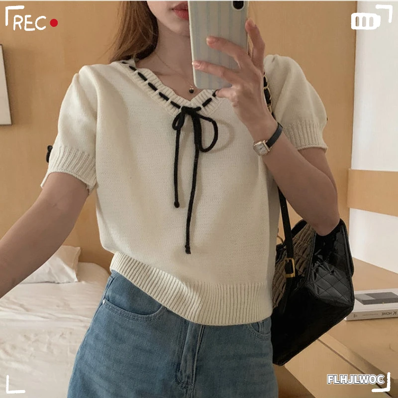 2023 Summer Woman Chic Korea Japan Girls New Design Short Knit Bow Tie Tops Casual Loose Cute Sweet Jumper Sweater Pullovers