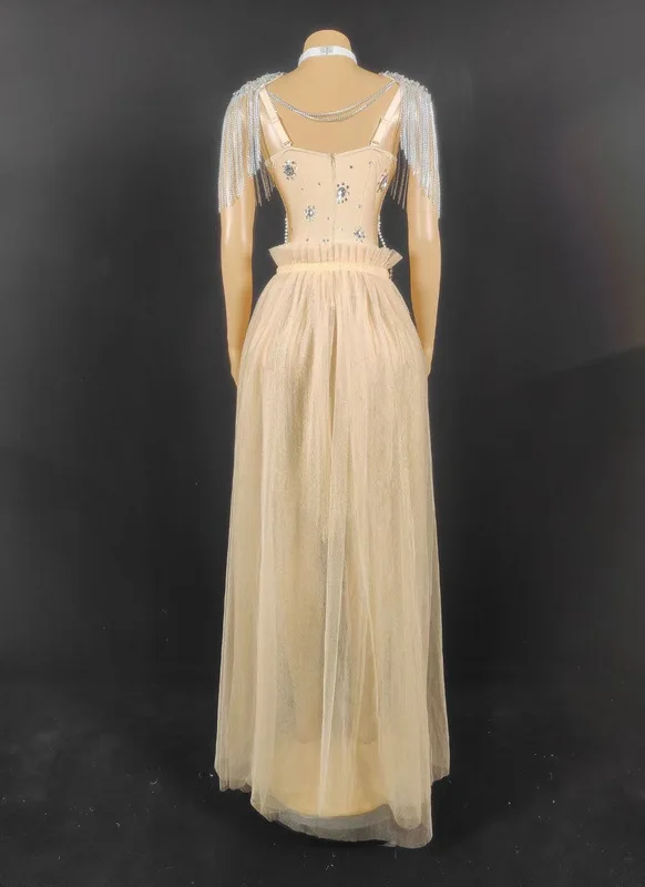 의상 무대 쇼 다이아몬드 럭셔리 민소매 백리스 술 드레스 숙녀 우아한 댄스 파티 멋진 한 Robe De Soirée Femmes