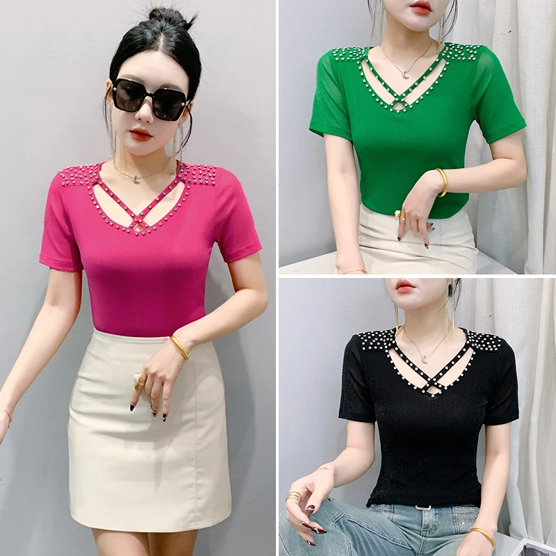 Letnie ubrania Nowa koreańska koszulka damska Seksowne wydrążone topy z dekoltem w szpic z krótkim rękawem Casualowa koszula z siatki w kształcie rombu