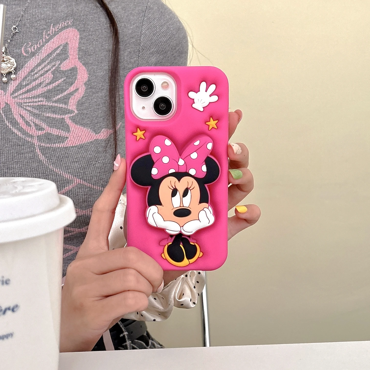 For iPhone 15 14 13 12 11 Pro Max Case Minnie Holding Face Head Holder Soft Silicone Soft Case