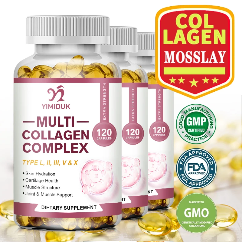 Multi-Collagen Pills with Hyaluronic Acid and Vitamin C, 5 Hydrolyzed Collagen Peptides, Type I II III VX Capsules