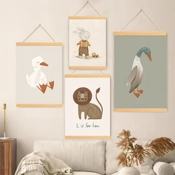 Lions Rabbit Geese Owls Snails Duck Flower Wall Art Canvas Solid Wood Hanging Scrolls Painting Pictures Baby Kids Room Decor