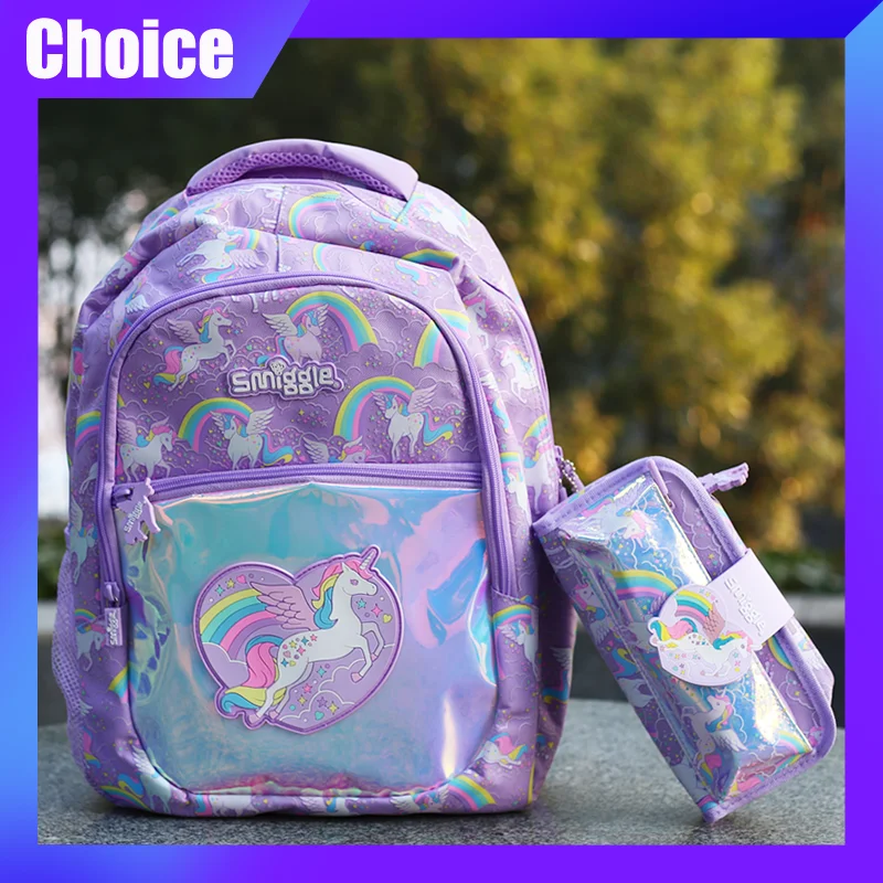 Smiggle Silver Unicorn Series Backpack Cartoon Kawaii Student Stress Relief Large Capacity Schoolbag Cute Pencil Case Gift Kid