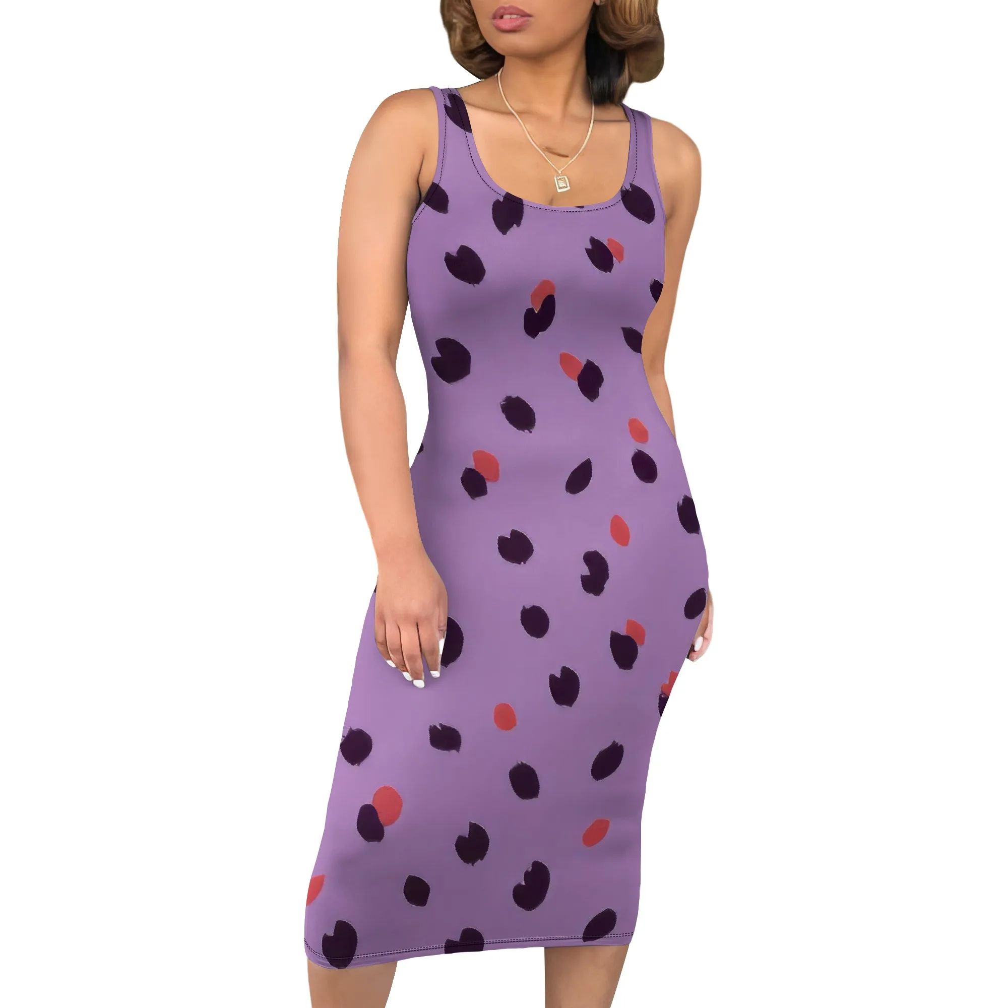 

Women's Summer Casual Sexy Tank Bodycon Dress U Neck Wrap Polka Dot Print Dress Sleeveless Midi Fashion Party Dress