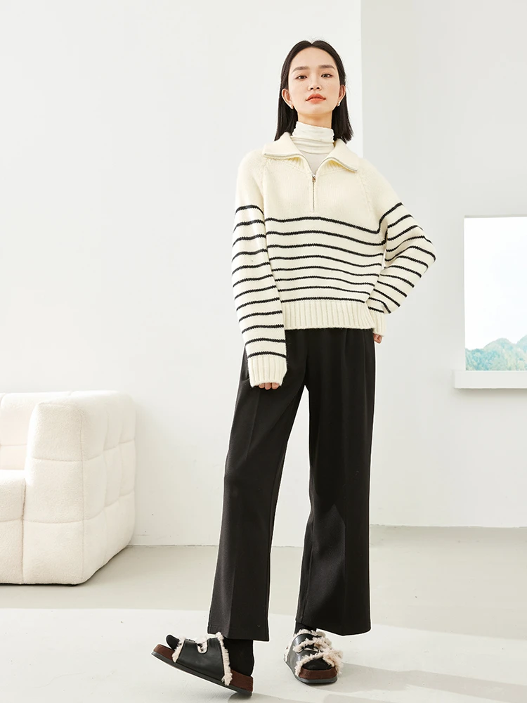 Vimly Contrast Striped Sweater 2023 Winter Knitted Pullovers Half Zipper Lapel Loose Tops High Strecth Jumpers Knitwear 16369