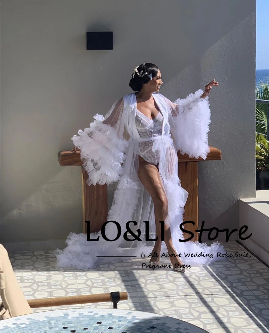 LO&LI White Tulle Bridal Ruffles Robe for Wedding Luxury Dress Puffy Sleeve Brides Pajamas Birthday Party Photo Shoot Vestido