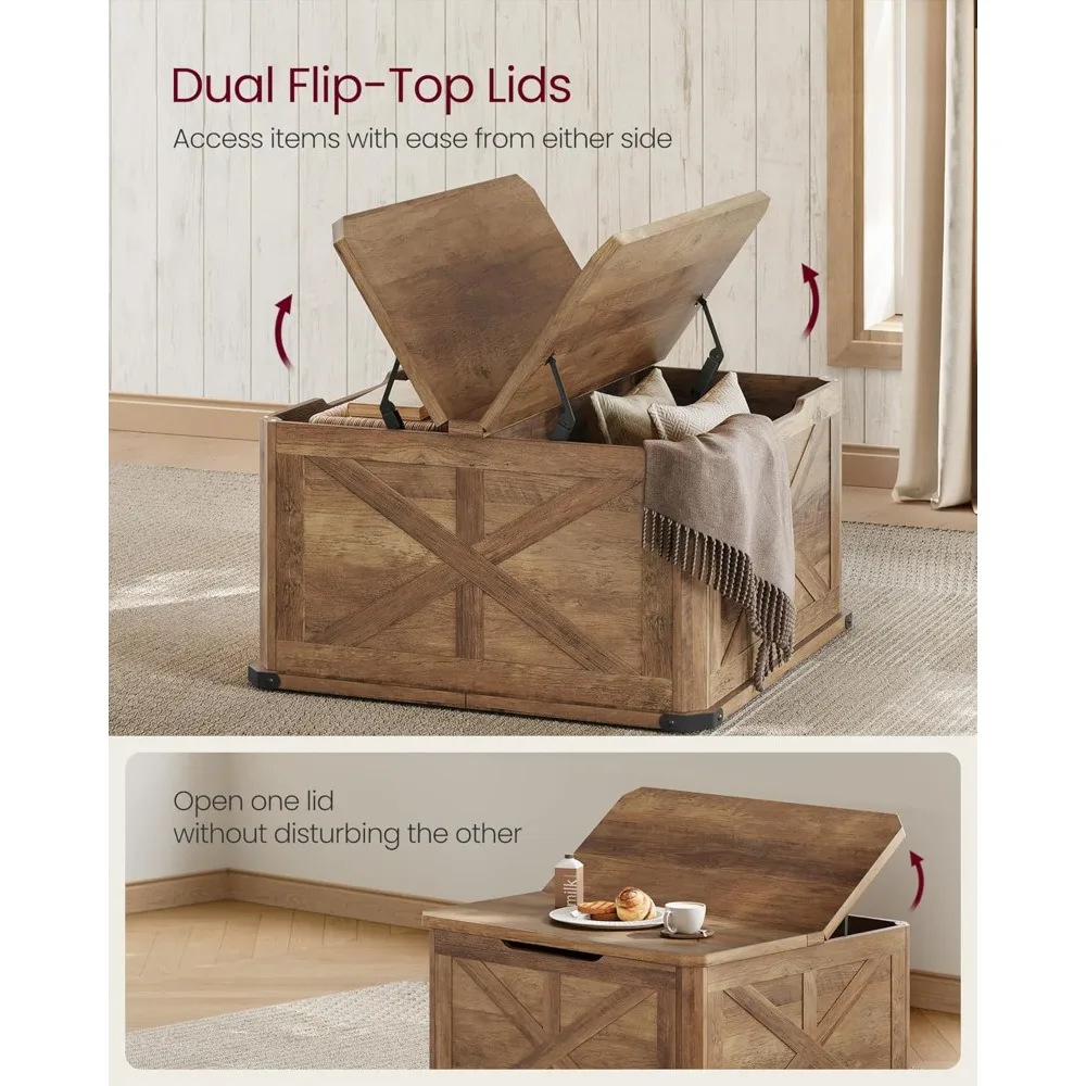 طاولة قهوة المزرعة مع مساحة تخزين، طاولة قهوة مربعة لغرفة المعيشة، طاولة مركزية مع أغطية قابلة للطي، بني عسلي ULCT232K #4