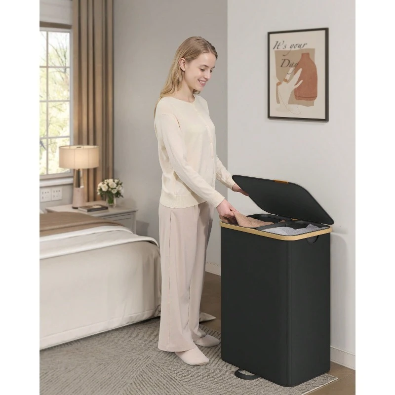 Home Storage & Organization Laundry Hamper, Laundry Sorter With Lid, Storage Basket Bin, Removable Liners, Bamboo Frame, For Bedroom, 2 Sections, 39.6 Gal. (150 L),