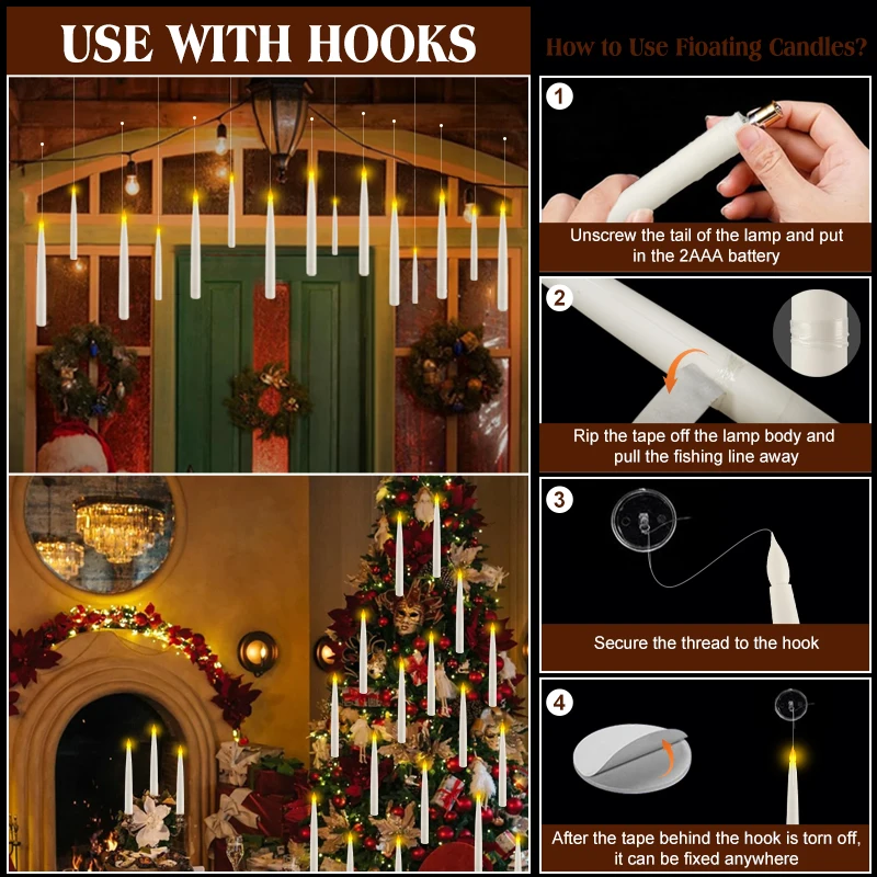 Flameless Taper Candles Each Hanging Floating Candle 1 Battery Operated Flickering With Magic Wand Remote for Wedding/Home Decor