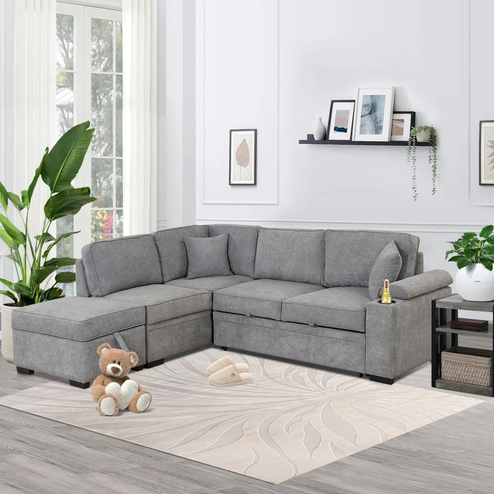 

84.75" 2in1 Pull-Out L-Shape Sleeper Sofa w/ Storage Ottoman for Living Room,Bedroom & Small Apt,Gray