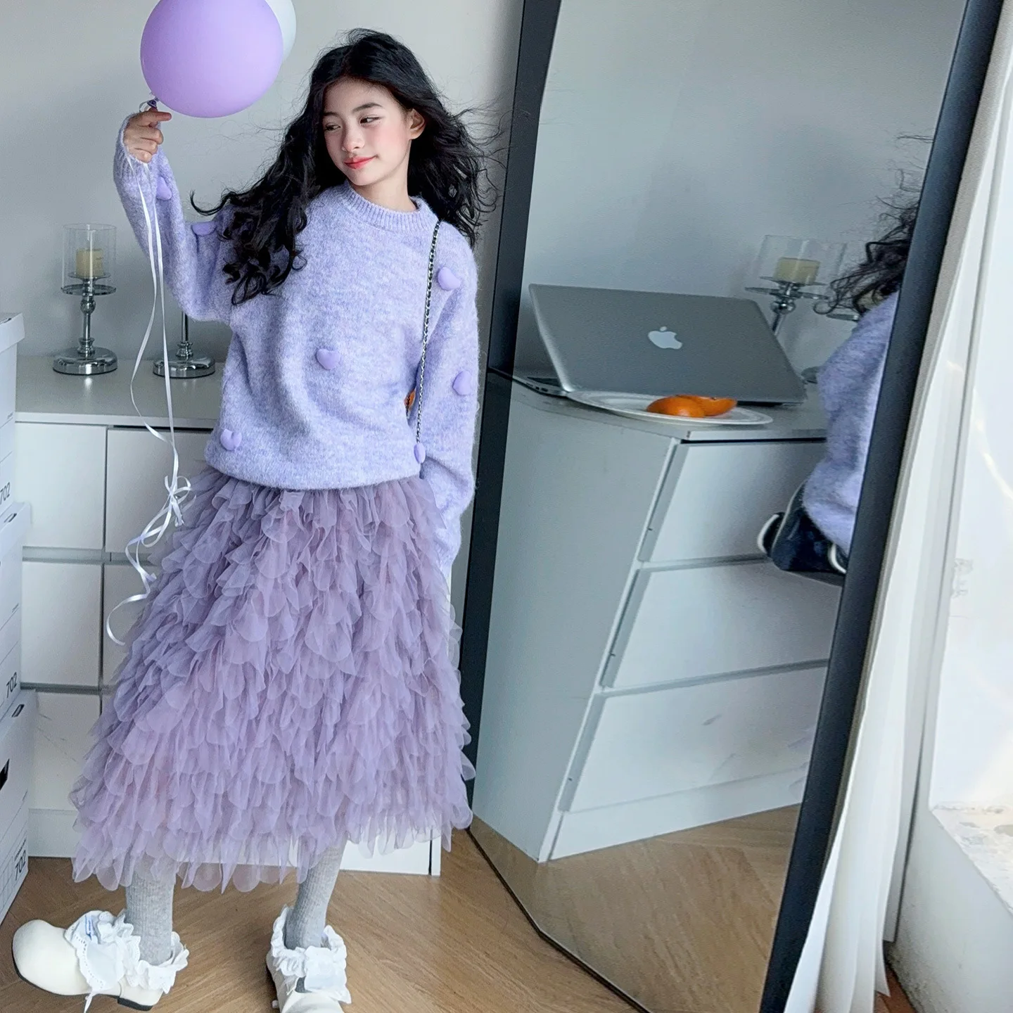 

School Girls Two-piece Suits Autumn Korean Kids Girls 3D Heart Knitted Sweater Teenager Girls Lace Skirt Children Girls Outfit