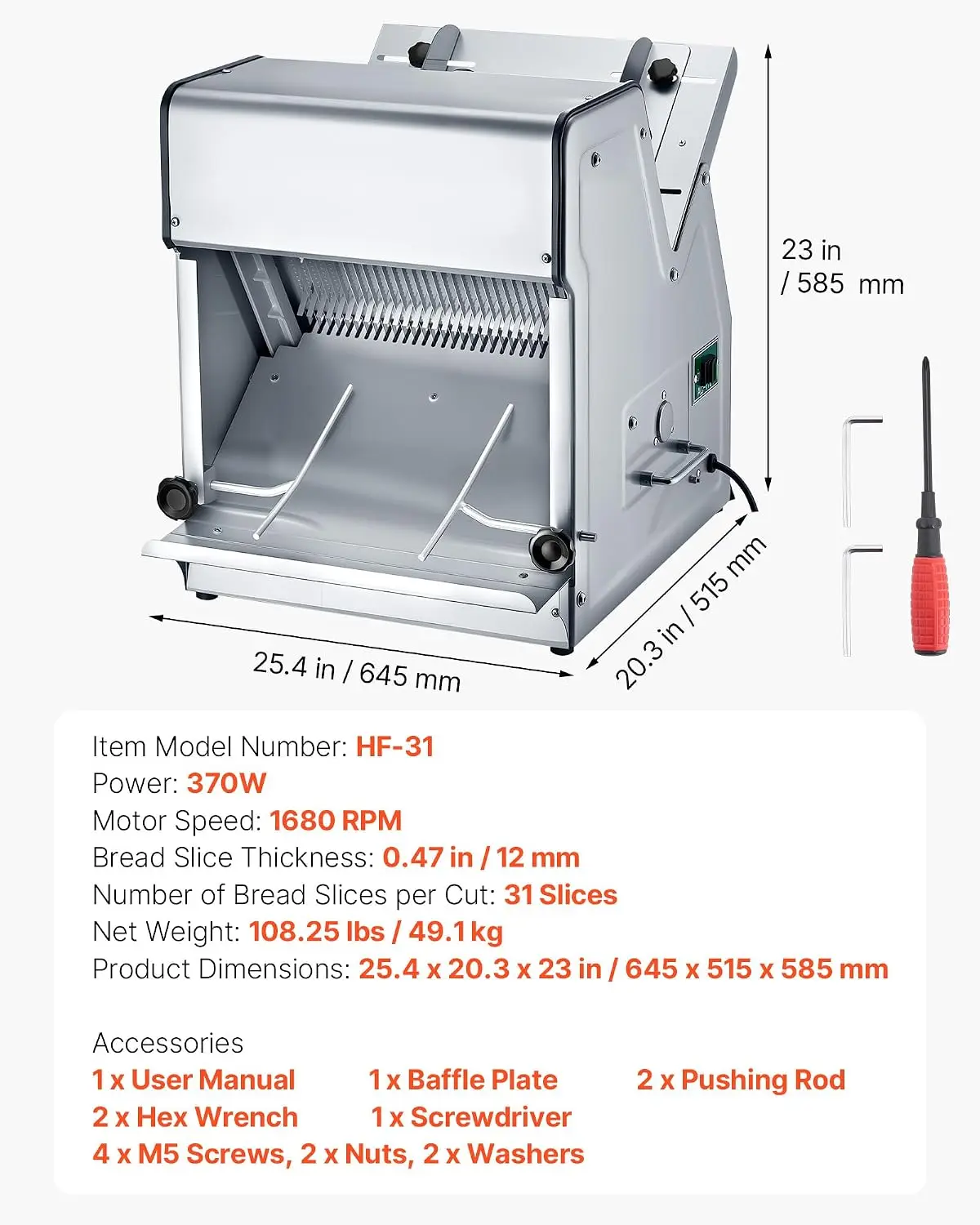 Electric Bread Slicer, 370W 1680RPM Bread Slicing C, Stainless Steel Countertop Bread Cutter Machine for 12mm Slice Thickness, C