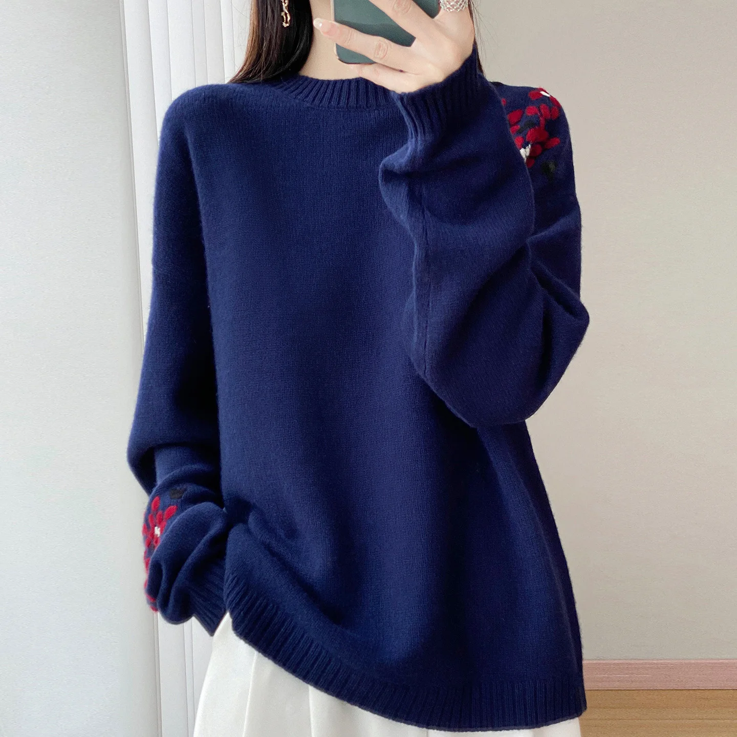 100 Pure Wool Sweater Women Autumn Winter Soft Knitted Top Round Neck Embroidered Flower Loose Fit Color Blocked Skin Friendly