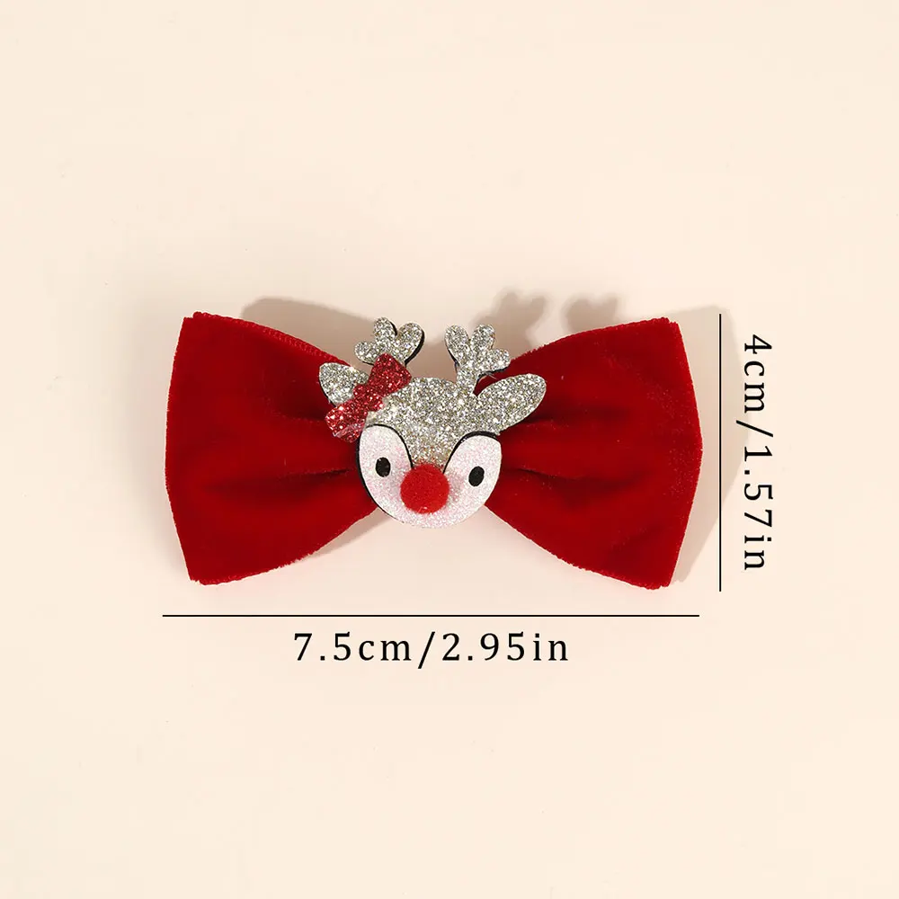 2PCS Velvet Hair Bow Ribbon Clip Glitter Christmas Elk Hairpin Headwear Jingle Bells Barrette Hairgrip Kids Hair Accessories