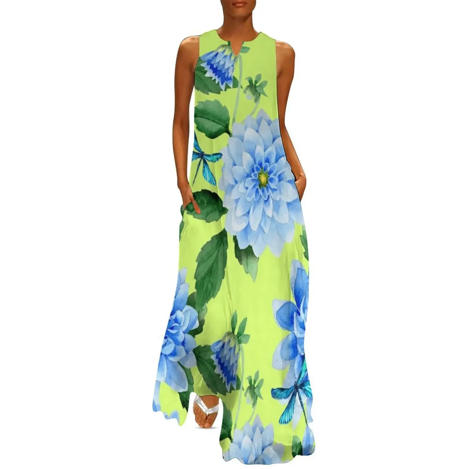 

Modern blue lime punch watercolor dahlia floral pattern Long Dress Women's summer suit elegant dresses plus sizes Dress