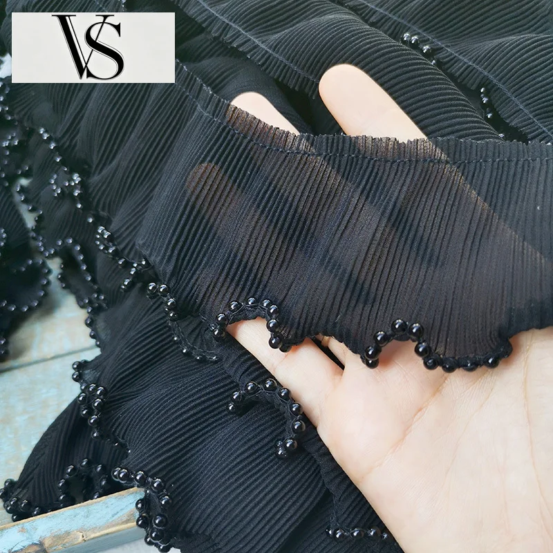 Elastic Beads Ruffle Lace Fringe Trim Ribbon Embroidered Dress Collar Sewing Decor 6.5CM White Wide Black Pleated Chiffon Fabric