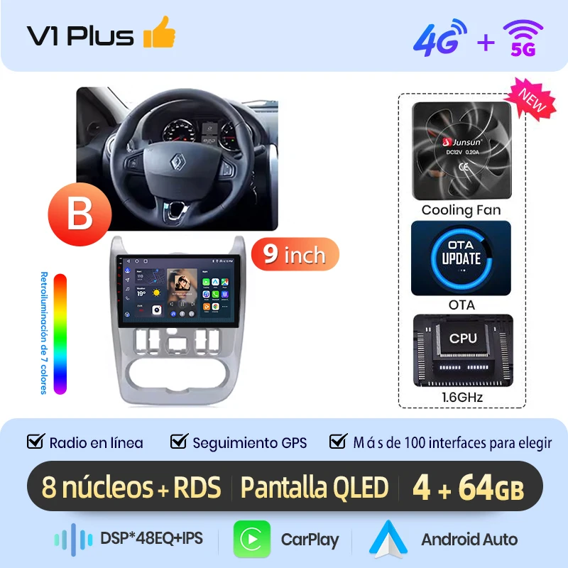 Junsun draadloze CarPlay Android Auto autoradio voor Renault Logan 1 Sandero 2009-2013 auto intelligente systemen BT FM Spaans lokaal