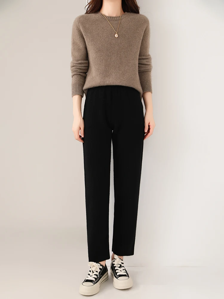 Women's Wool Pencil Pants Autumn Winter Office Lady Style Threaded Elastic Waist Trousers 100% Merino Wool Knitted Thicken Pants