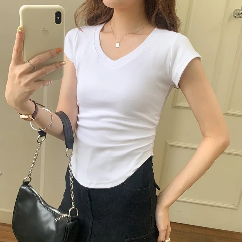 Summer women's T-shirt; women's basic short-sleeved shirt; slim-fit top; women's casual short-slee T-shirt with irregular V-neck