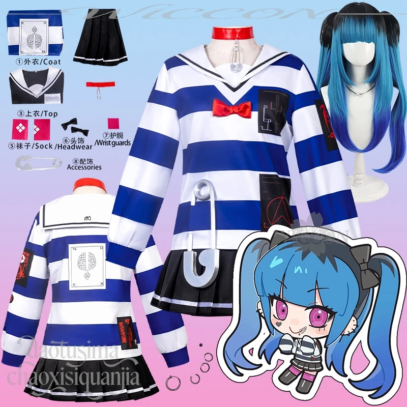 Amemiya Darumi cien disfraz de Cosplay Jirai Kei vestido de marinero rayas azul blanco pelucas pendiente Navidad