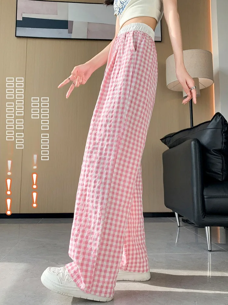 Doce e picante menina xadrez calças de perna larga feminina rosa casual coreano sle cintura alta algodão linho primavera verão