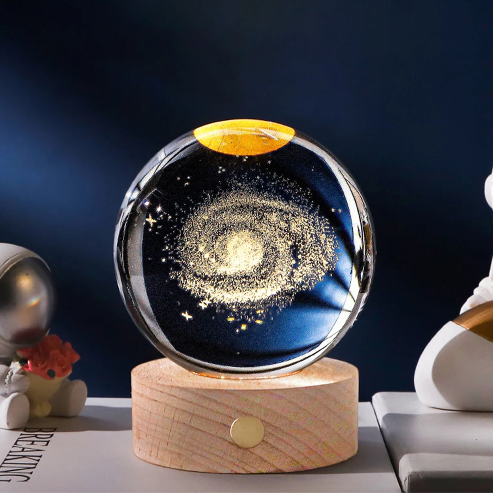 LED 3D Crystal Ball 80mm USB Rechargeable Engraved  Sphere Glass Bedside Night Light with Wooden Base Astronomy Learning